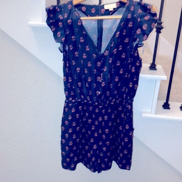 Vintage Mod cloth romper, w/pockets. Navy w/ pink flowers. Mock button front - Picture 1 of 7